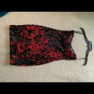 Strapless red black sequin dress